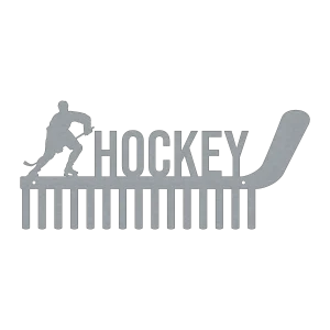 This medal holder features a hockey stick design with the word 'HOCKEY' and a player silhouette. It includes 15 hooks for displaying medals. Made from steel with a raw steel finish, it measures 18 inches wide by 8.5 inches high.